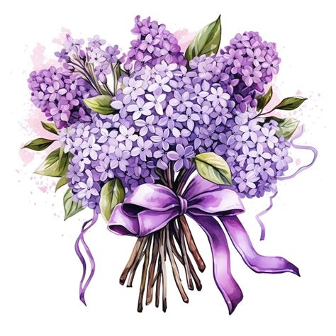 Lindo buquê de flores lilás ilustração de clipart aquarela de fita