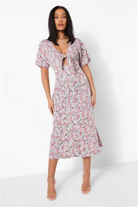 Floral Print Tie Front Midi Dress Boohoo Usa