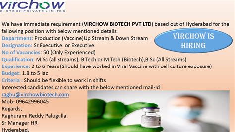 Virchow Biotech Pvt Ltd Openings Openings For Production