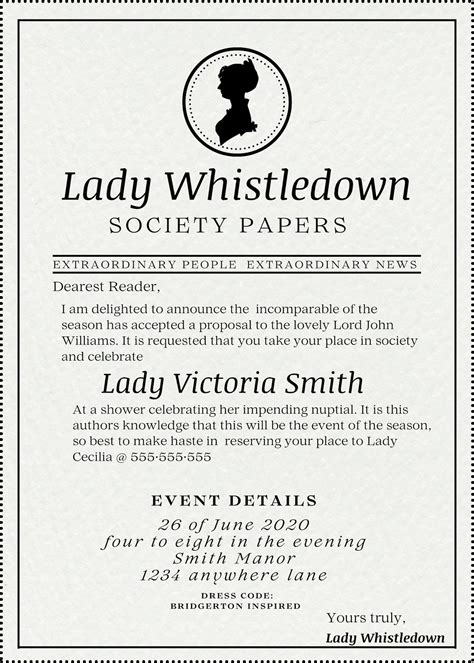 Editable Lady Whistledown Bridgerton Theme Bridal Shower Invitation