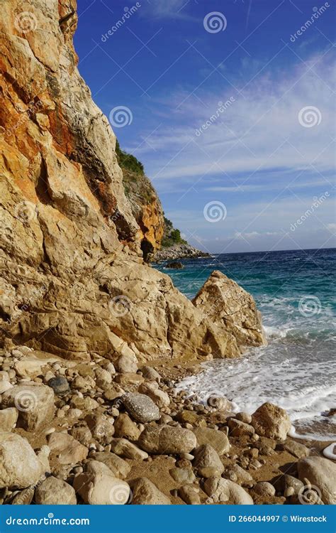 Scenic Shot Of A Rocky Hidden Beach Near A Cliff Stock Image Image Of Outdoor Wave 266044997