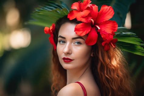 Premium Ai Image Radiant Woman With A Vibrant Red Hibiscus Flower In Her Hair Against A