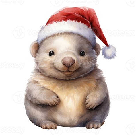 Watercolor Cute Smiling Wombat Wearing A Santa Hat Ai Generated