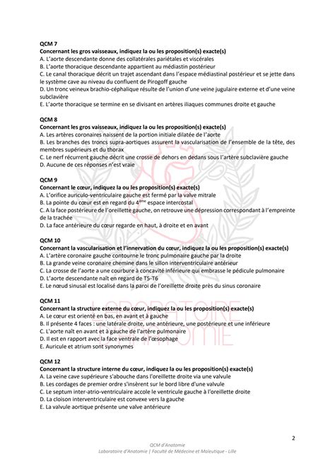 SOLUTION Anatomie De L Appareil Cardiovasculaire QCM Correction