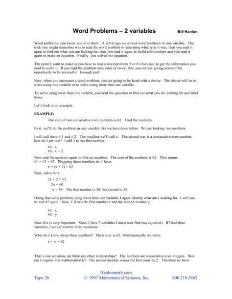 Word Problems â 2 Variables Hanlon Math