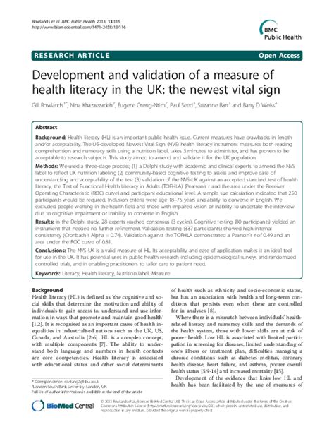 Pdf Development And Validation Of A Measure Of Health Literacy In The