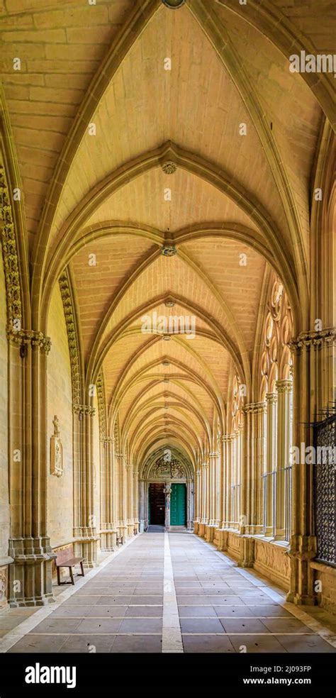 Pamplona Spain June 21 2021 Ornate Gothic Cloister Arcade Arches Of