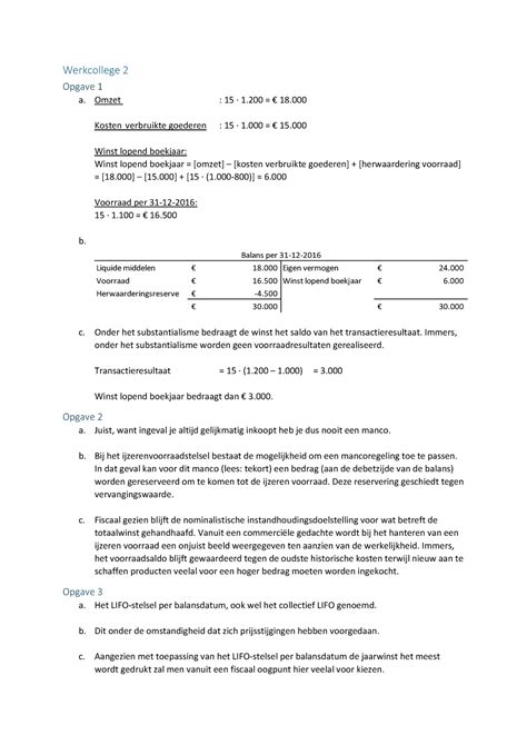 Uitwerkingen Fwb Wc Werkcollege Opgave A Omzet