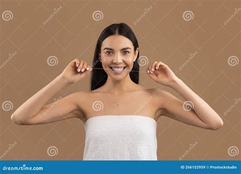 Beautiful Cheerful Half Naked Woman Using Dental Thread Stock Image