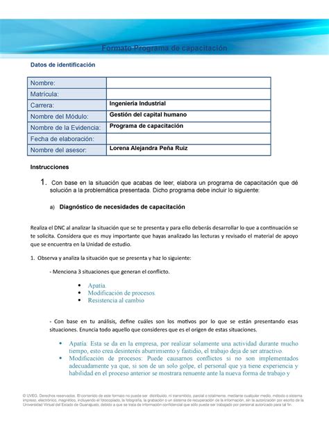 evidencia de capacitacion Formato Programa de capacitación Datos de