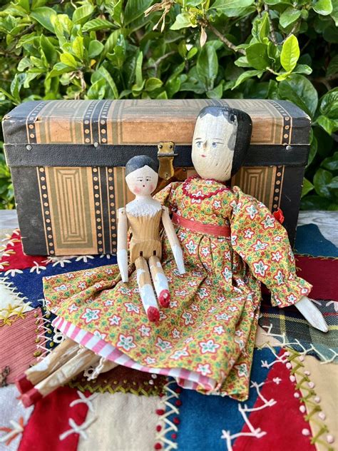 Antique German Pair Jointed Peg Wooden Grodnertal Dolls Petite 7