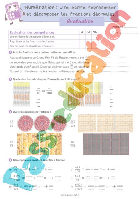 Evaluation De La Fraction Au Nombre Décimal Cycle 3 Bilan Et Controle Corrigé Pdf à Imprimer