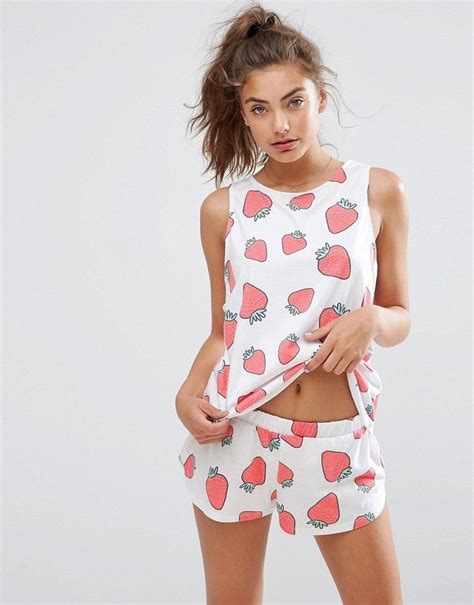 Asos All Over Strawberry Print Tank And Short Pajama Set Short Pajama