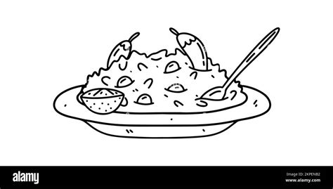 Stewed Beans With Rice In Hand Drawn Doodle Style Traditional Cuban