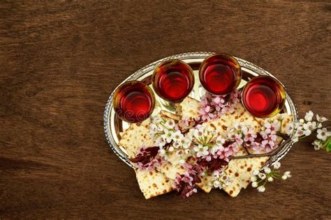 Pesach Still Life With Wine And Matzoh Jewish Passover Bread Stock