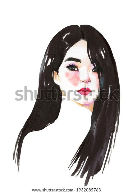 Watercolor Young Asian Woman Hand Drawn ภาพประกอบสต็อก 1932085763