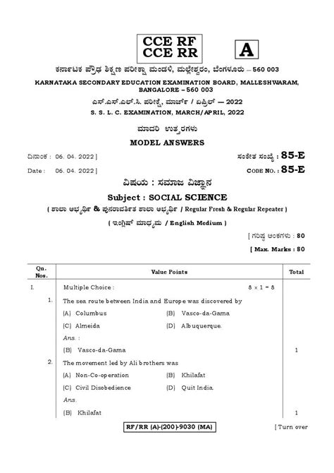 Karnataka SSLC Question Paper 2022 Answer Key Social Science