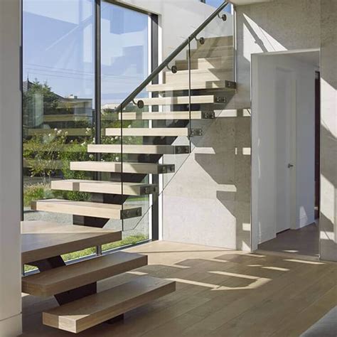 Single Stringer Staircase With Solid Wood Tread And Laminated Glass Railing Yurihomes