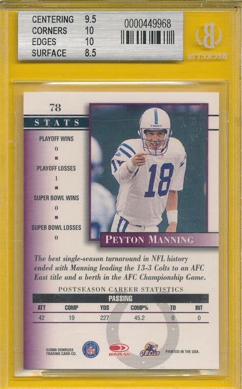 BGS 9 MINT PEYTON MANNING HOF 2000 DONRUSS GRADED 78 BECKETT BVG NFL