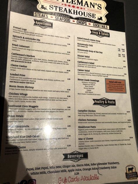 Menu At Cattleman S Steakhouse And Lounge Sidney