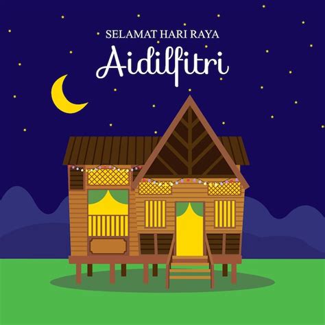 premium vector hari raya aidilfitri greeting card  rumah kampung