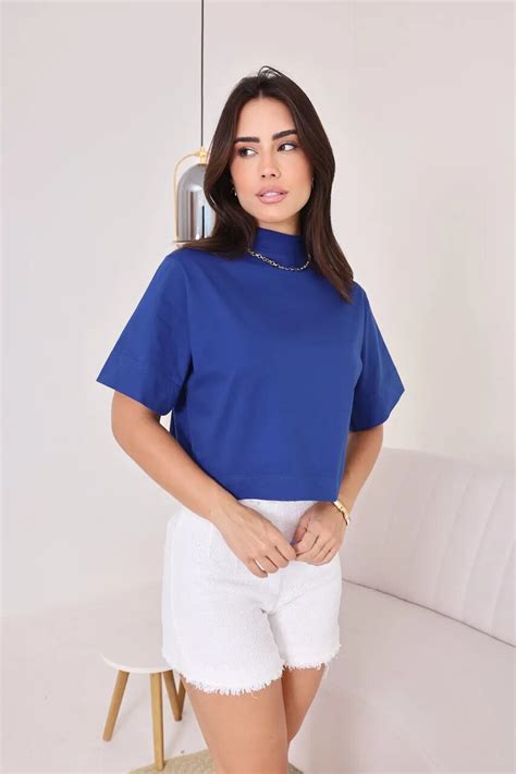 Cropped Gola Alta Azul Da Prussia Valentt Fabrica De Moda