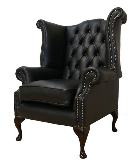 Chesterfield High Back Wing Chair Uk Manufactured Black Real Leather In