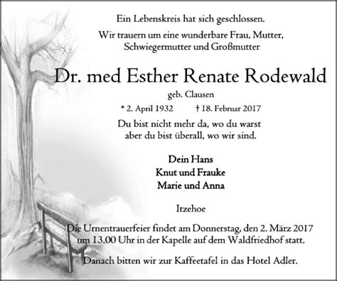 Traueranzeigen Von Dr Med Esther Renate Rodewald Sh Z Trauer