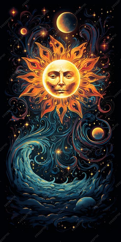 Premium Photo Celestial Sun And Moon Painting With Swirling Swirls