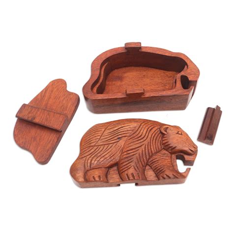 UNICEF Market Hand Carved Suar Wood Bear Puzzle Box Hungry Bear