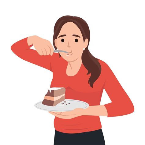 Hungry Young Woman Eating Cake Suffer From Eating Disorder Happy Girl