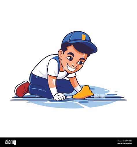 Cartoon character of a worker cleaning the floor. Vector illustration ...