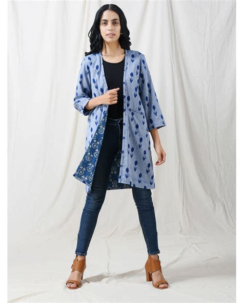 Blue Open Jacket With Printed Inner Lining By Raasleela The Secret Label