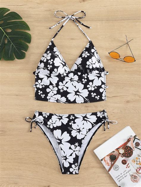 Shein Shein Swim Vcay Floral Print Halter Tie Side Bikini Swimsuit