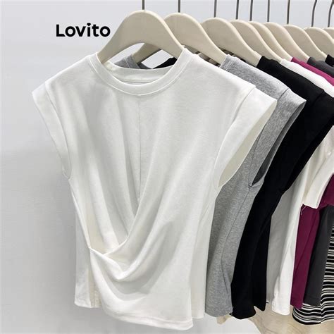 Lovito Camiseta Casual Plissada Lisa Para Mulheres Lne Shopee Brasil