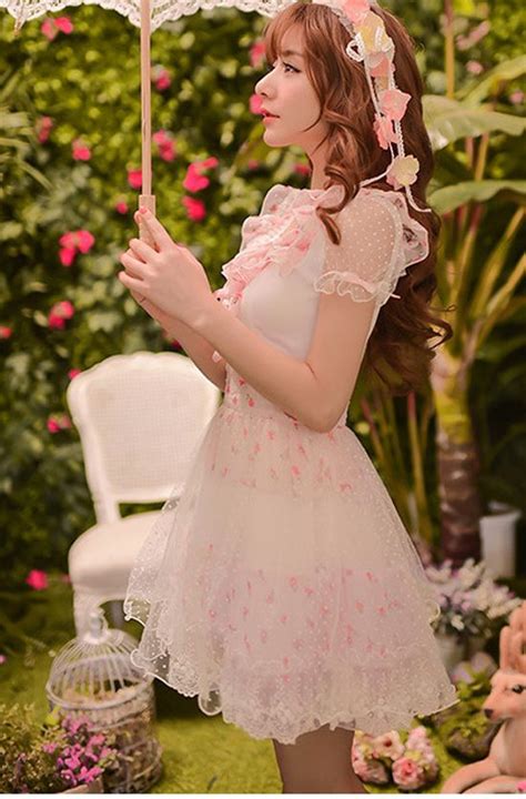 Sweet Japanese Pink Posy Lace Chiffon Dress Chiffon Lace Dress