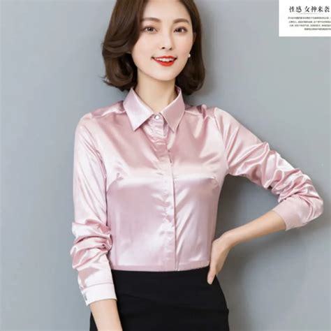 2017 Spring Long Sleeve Pink Satin Shirts Women Office Ol Satin Blouses Lady Work Wear Silk