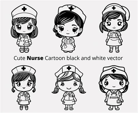 Cute Nurse Cartoon Black and White , Svg Ai Eps Illustrations Vectors ...