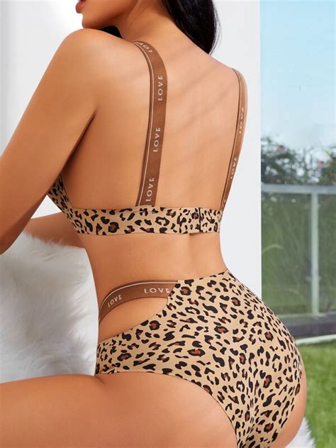 Conjunto De Lingerie Estampa De Leopardo Cortar Fora Contraste Fita