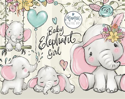 Elephant, Baby Elephant Clipart, Baby Girl Art, Cute Elephant, Boho ...