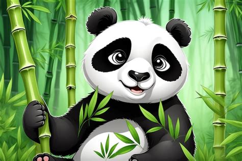 Premium Photo Cute Cartoon Panda Eating Bamboo In Forest Background