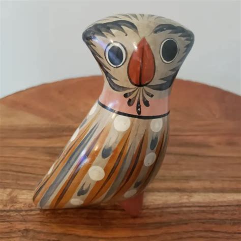 Vintage Tonala Mexican Folk Art Pottery Handpainted Owl Figurine