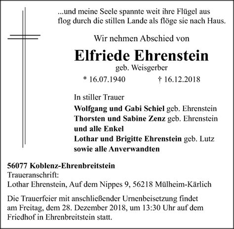 Traueranzeigen Von Elfriede Ehrenstein Rz Trauer De