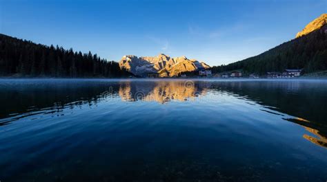 Lake Misurina at Sunrise, Dolomite Mountains, Italy Stock Image - Image of beautiful, mountains ...