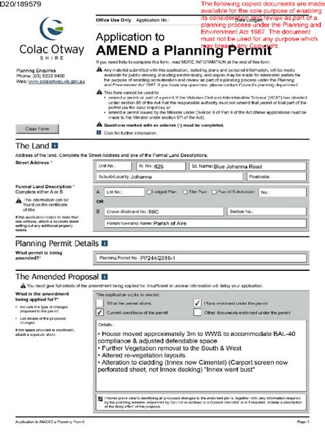 Fillable Online Amend Or Extend A Planning Permit Colac Otway Shire