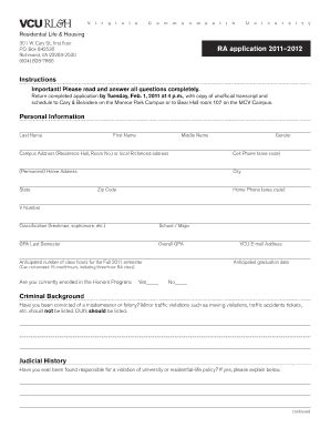 Fillable Online Housing Vcu Ra Application Residential Life