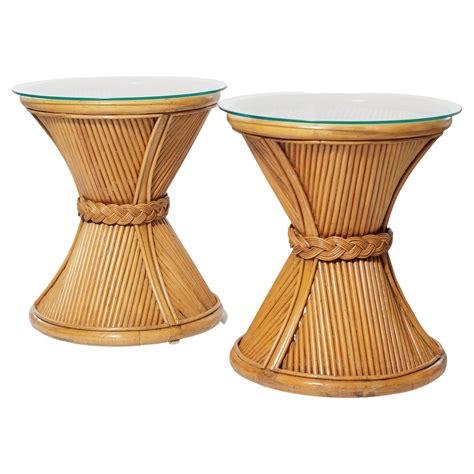 Mid Century Bamboo Rattan Side Tables W Glass Tops By P T Fendi