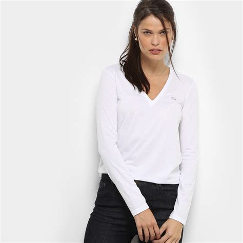 Camiseta Lacoste Manga Longa Decote V Feminina Netshoes