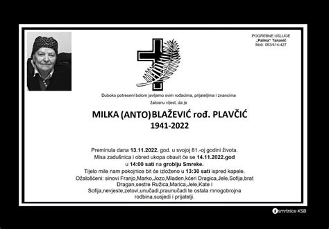 Milka Anto Blažević rođ Plavčić Osmrtnice KSB