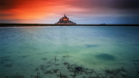 France Monastery Mont Saint Michel Ocean Sunset Wallpaper Resolution